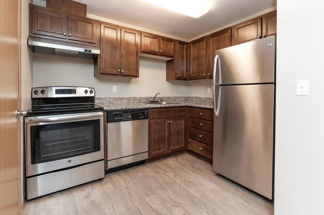 Elegant kitchen with stainless steel appliances, granite countertops, and wooden cabinetry.