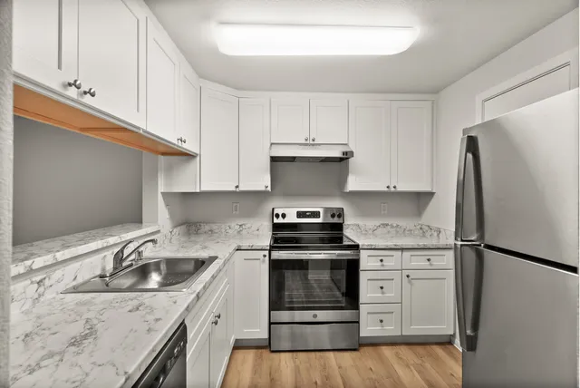 Modern kitchen with sleek stainless steel appliances, elegant white cabinetry, and chic marble countertops.