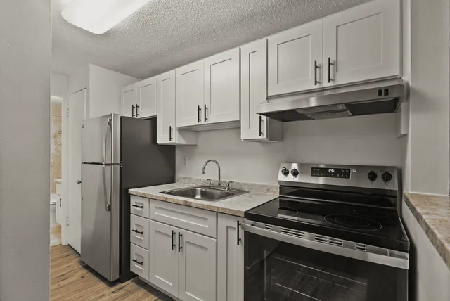 Modern kitchen with sleek stainless steel appliances, white cabinetry, and elegant countertops.