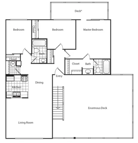 Spacious floor plan showcasing 3 bedrooms, dual bathrooms, expansive living and dining areas, plus a massive deck for outdoor enjoyment.