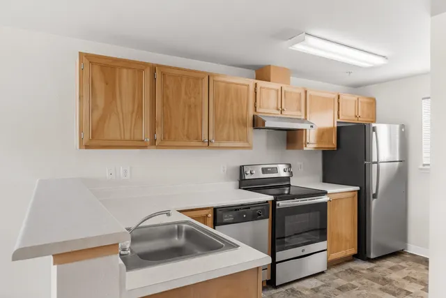 Modern kitchen with sleek stainless steel appliances, warm wooden cabinets, and ample counter space for culinary adventures.