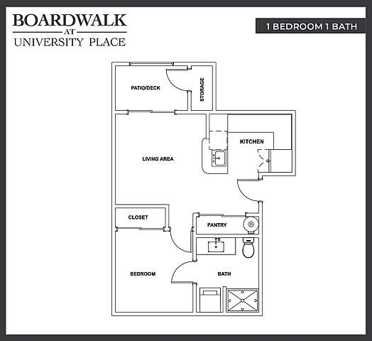 Modern 1-bedroom floor plan showcasing open living area, kitchen, bath, and patio at Boardwalk at University Place.