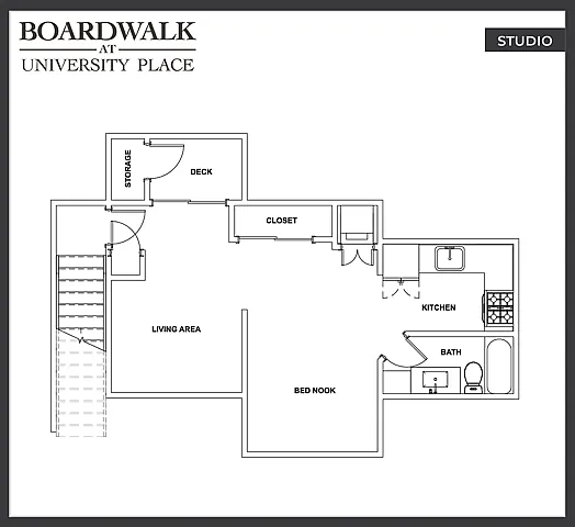 Charming studio floor plan at Boardwalk University Place featuring a spacious living area, cozy bed nook, modern kitchen, and private deck.