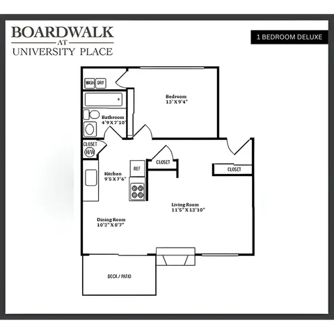 Boardwalk at University Place floor plan for a 1 Bedroom Deluxe apartment, showcasing a spacious living room, cozy bedroom, modern kitchen, and a private deck/patio.
