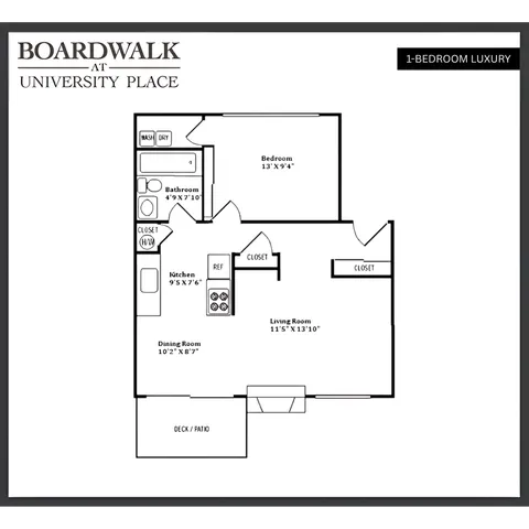 Elegant Boardwalk at University Place 1-bedroom luxury floor plan featuring a spacious living room, cozy dining area, modern kitchen, and private deck.
