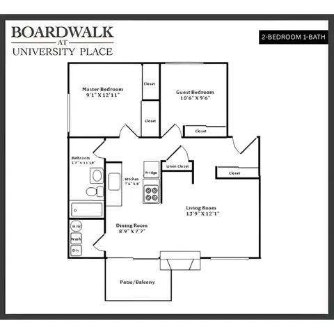 Boardwalk at University Place floor plan showcasing a well-designed 2-bedroom, 1-bathroom apartment with a spacious living room, dining area, and a cozy kitchen. Includes a patio/balcony for outdoor enjoyment.