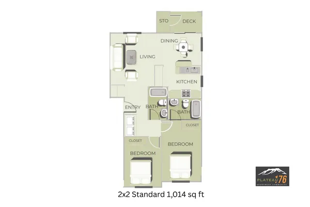 Inviting floor plan featuring 2 bedrooms, 2 baths, spacious kitchen, and dining area with deck access in 1014 sq ft apartment.