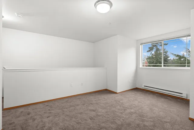 Bright and inviting room with plush carpet, large window with scenic views, and sleek modern design.