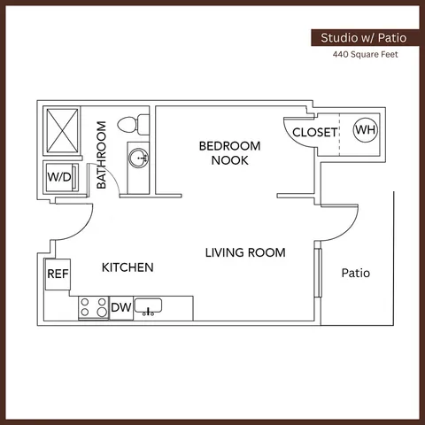 Charming studio floor plan with a cozy bedroom nook, open kitchen and living room, plus a private patio, totaling 440 square feet.