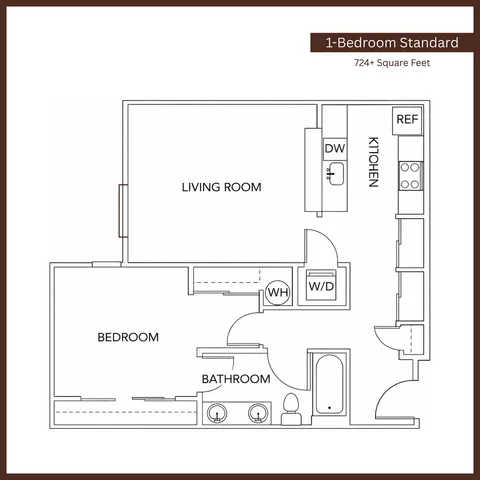 Elegant 1-bedroom standard floor plan with a spacious living room, modern kitchen, and convenient amenities, 724+ square feet.