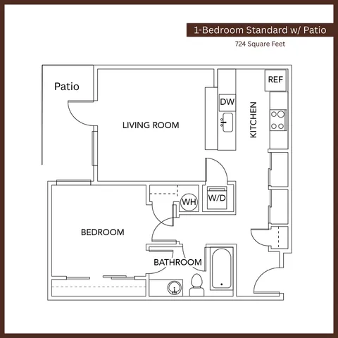 Modern 1-bedroom floor plan with patio, featuring a spacious living room, fully-equipped kitchen, and bathroom, totaling 724 square feet.