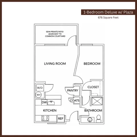 Inviting 1-bedroom deluxe floor plan with semi-private patio, spacious living room, and modern kitchen in 676 square feet.