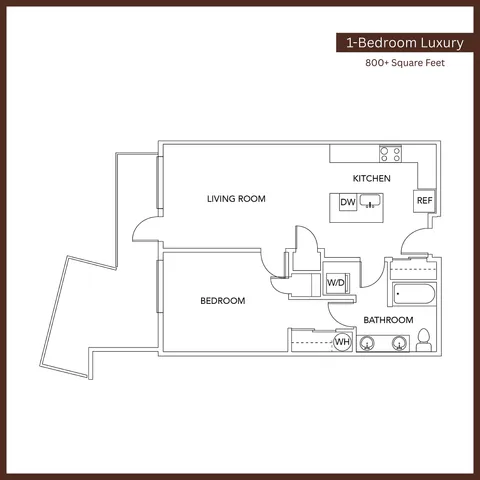 Elegant floor plan of 1-bedroom luxury apartment with spacious living room, modern kitchen, and stylish bathroom, over 800 square feet.