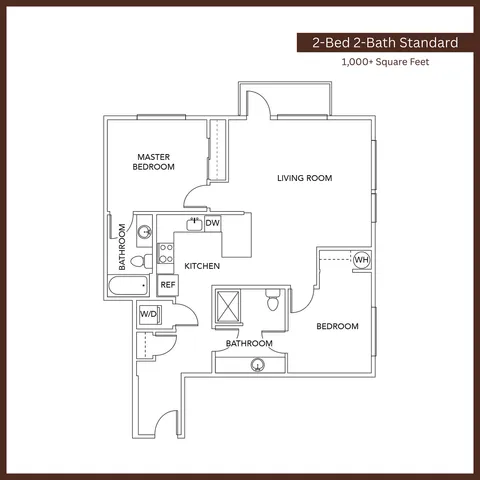 Modern floor plan showcasing a 2-bed, 2-bath layout over 1,000 square feet with a spacious living room and well-appointed kitchen.