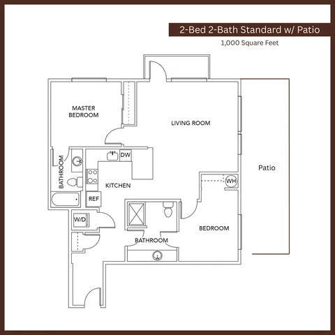 Modern 2-bedroom, 2-bathroom floor plan featuring a spacious living room, kitchen, and a private patio, 1,000 square feet.