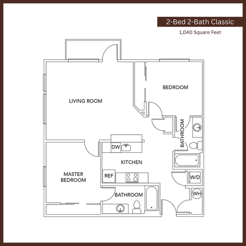 Charming 2-bed, 2-bath classic floor plan featuring spacious living room and modern kitchen over 1,040 square feet.