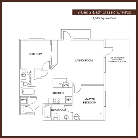 Elegant floor plan of a 2-bed, 2-bath apartment featuring a spacious living room, modern kitchen, and semi-private patio, totaling 1,045 square feet.