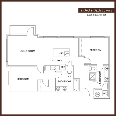 Elegant 2-bedroom, 2-bath luxury apartment floor plan featuring a spacious living room and modern kitchen, 1135 square feet.