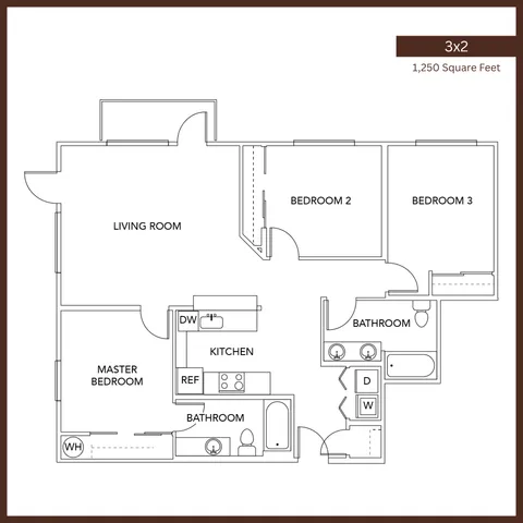 Elegant 3x2 floor plan offering 1,250 square feet with a spacious master bedroom, two additional bedrooms, and a modern kitchen flowing into an open living area.