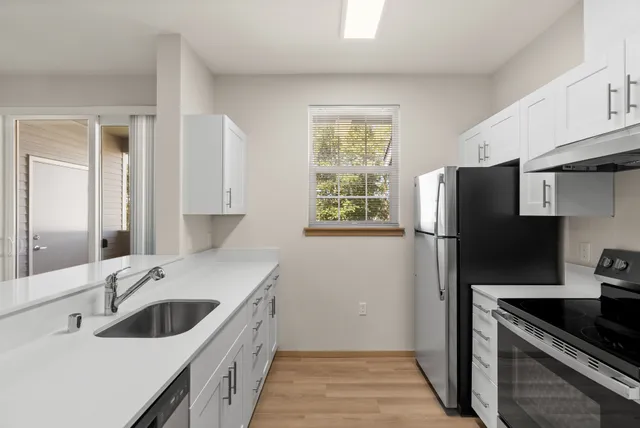 Bright, modern kitchen with sleek white cabinetry, stainless steel appliances, and a large window providing natural light.
