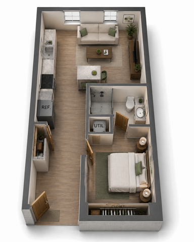 Elegant 3D floor plan of a modern apartment featuring a cozy bedroom, chic open-concept living area, and a stylish kitchen, ideal for compact living.