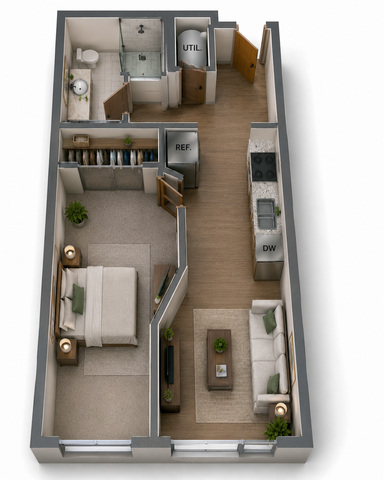 Charming 1-bedroom apartment floor plan featuring a cozy living room, modern kitchen, stylish bathroom, and utility space.