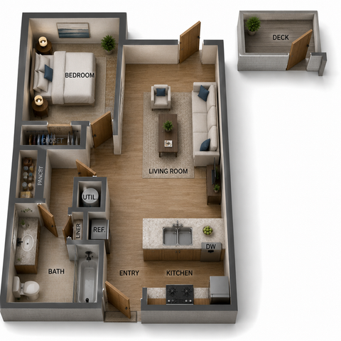 Elegant 3D floor plan showcasing a cozy one-bedroom apartment with an open living room, modern kitchen, and private deck, perfect for urban living.
