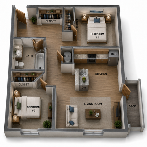 Contemporary 3D floor plan showcasing 2 bedrooms, a well-equipped kitchen, and a cozy living room with a private deck.