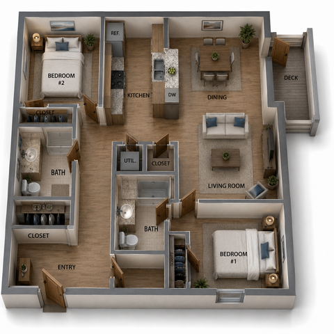 Elegant 3D floor plan showcasing 2 bedrooms, open kitchen with island, spacious dining area, and cozy living room with access to a private deck.