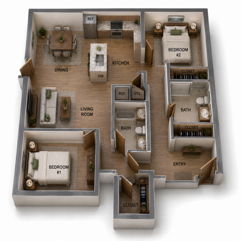 Elegant 3D floor plan showcasing 2 spacious bedrooms, a modern kitchen with island, cozy living room, and two bathrooms, perfect for a luxurious lifestyle.