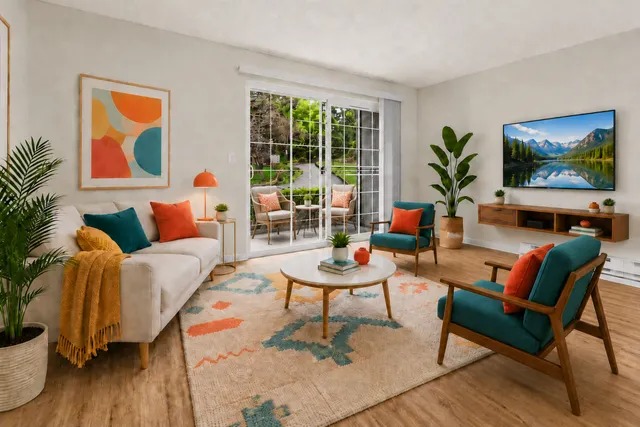 Inviting living room with modern decor, vibrant cushions, large window doors leading to a patio, and a serene wall-mounted landscape art piece.