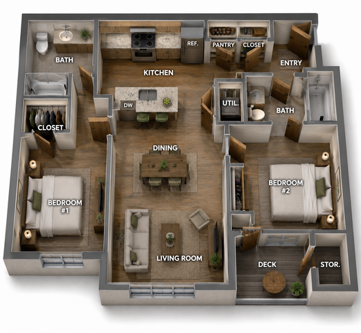 Inviting 3D floor plan showcasing 2 bedrooms, 2 bathrooms, an open kitchen with island, dining area, and cozy living room, complemented by a private deck and ample storage.