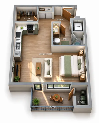 Chic 3D floor plan showcasing a cozy open-concept living and sleep area, modern kitchen, elegant bath, ample storage, and a charming deck for outdoor relaxation.