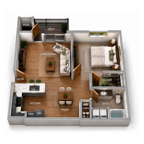 One-bathroom 3D floor plan with open living and dining areas, breakfast bar, walk-in closet, washer and dryer, and deck with storage.