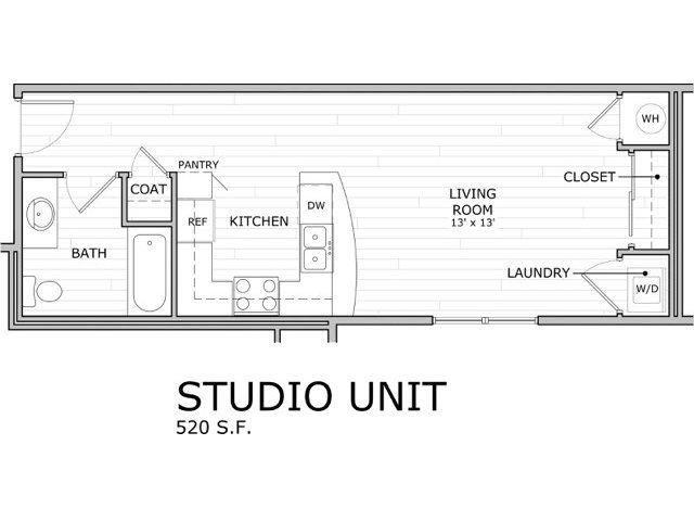 floor plan image of studio apartment at Coryell Commons