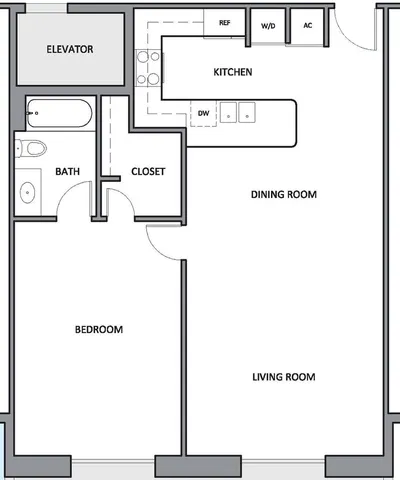 1BR 1 BA 816 sq ft