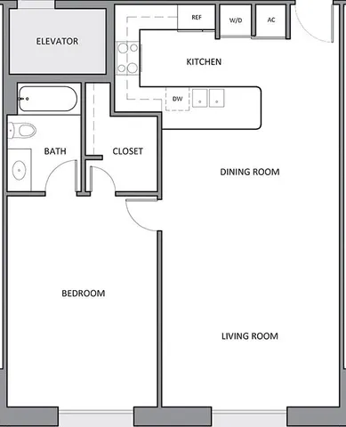 1 BR 1 BA 900 sq ft