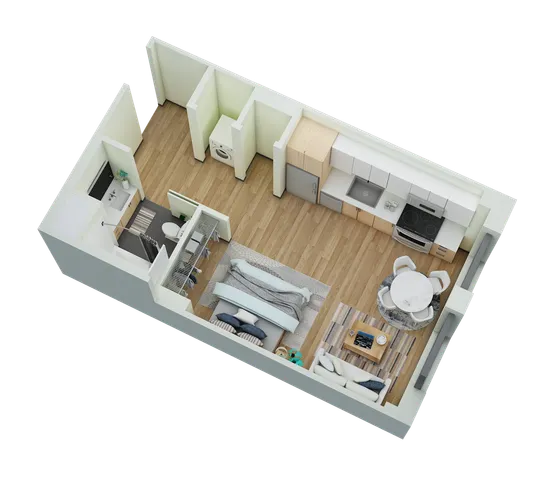 One-bedroom modern apartment floor plan with open-plan kitchen and living area.