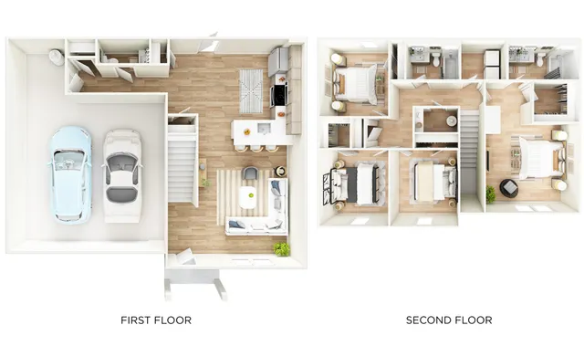 Elegant 3D floor plan showcasing a two-floor duplex with garage, open living area, and three bedrooms.
