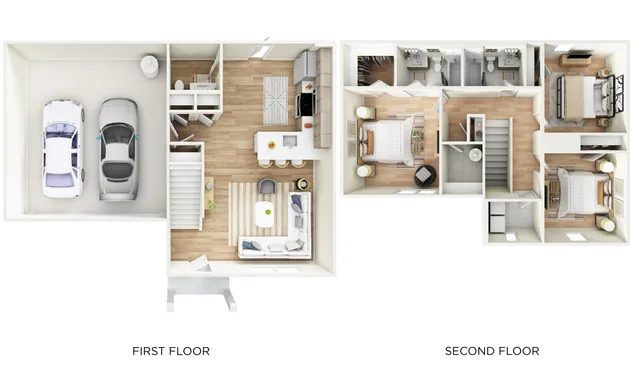 Stylish duplex floor plan showcasing a two-car garage, open-concept living area, and three spacious bedrooms.