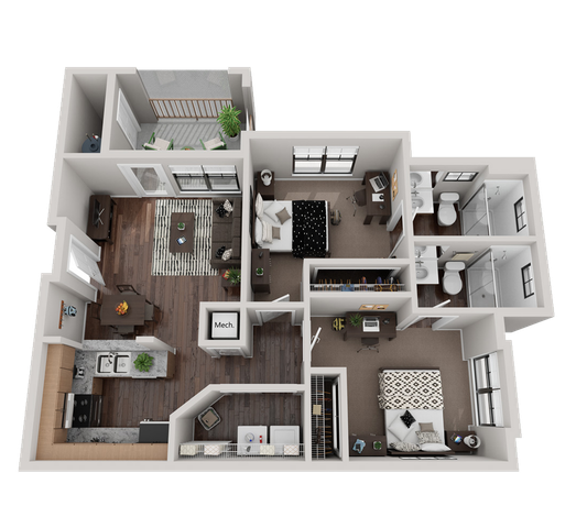 2 bedroom 2 bathroom Classic Plus floor plan at The Lodge of Athens with 944 square feet