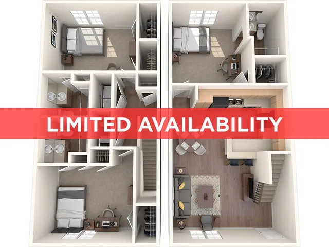 Modern 3D floor plan showcasing 2 bedrooms, 2 bathrooms, and an open-concept kitchen and living area. Limited availability ensures exclusivity.