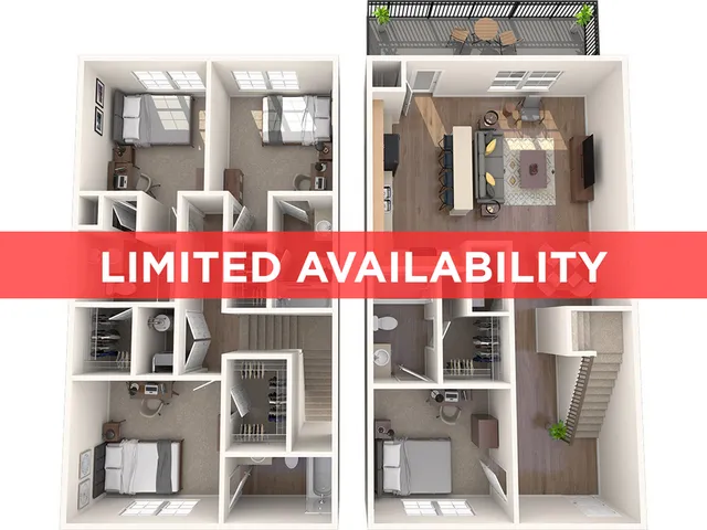 Modern floor plan featuring three spacious bedrooms, an airy living area with balcony, stylish kitchen, and two bathrooms, marked with limited availability.