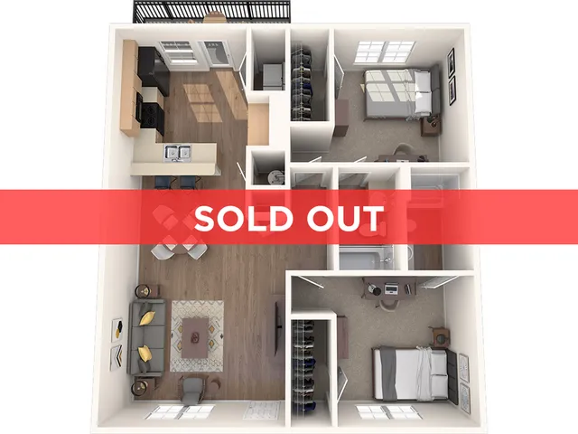 Chic 2D floor plan with 2 spacious bedrooms, cozy living area, modern kitchen, and ample natural light, marked as sold out.