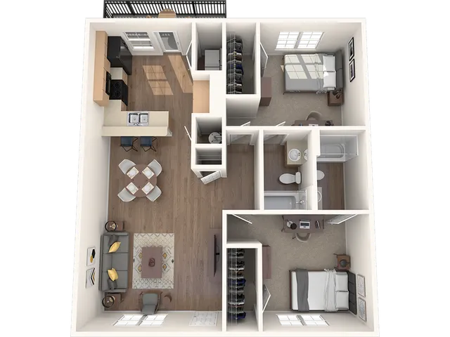 Modern 3D floor plan featuring two cozy bedrooms, a functional open-plan kitchen with breakfast bar, and a spacious living area perfect for relaxation and entertainment.