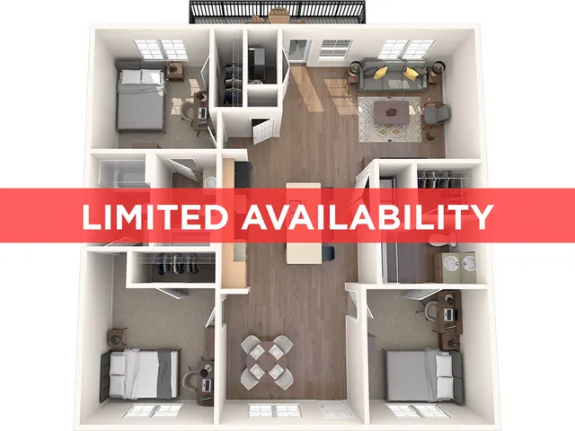 Chic 3D floor plan featuring 3 bedrooms, an open-plan living area, modern kitchen, and balcony. Limited availability.