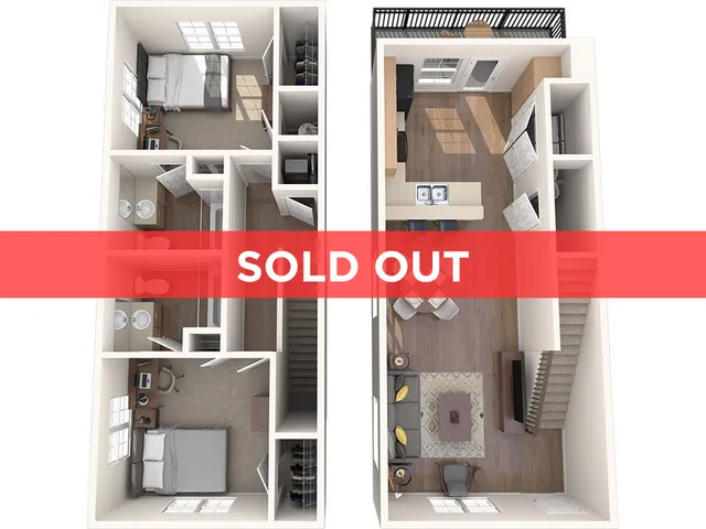 Modern duplex floor plan with two spacious bedrooms, an elegant open-plan living area, and a contemporary kitchen, featuring large windows for natural light. Sold Out banner displayed.