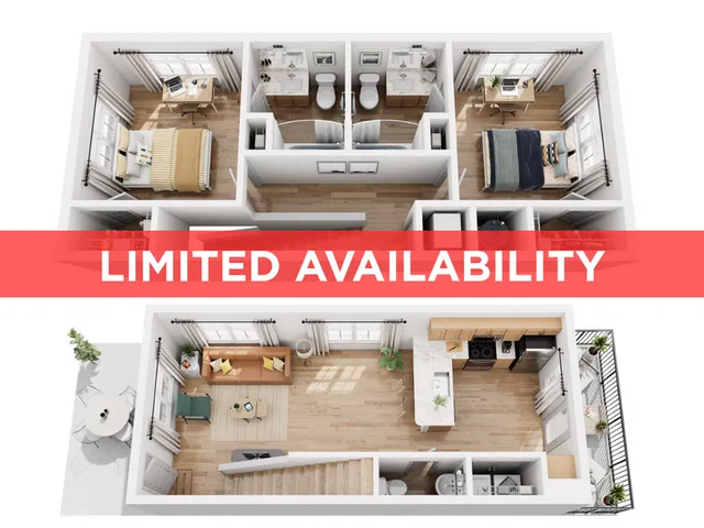 Modern 3D floor plan showcasing 2 bedrooms, a stylish kitchen, open-concept living area, and private balcony. Limited availability.