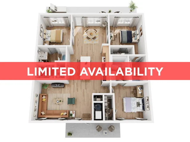 Modern 3D floor plan showcasing 2 bedrooms, a stylish open-concept living area, and a chic kitchen with limited availability.