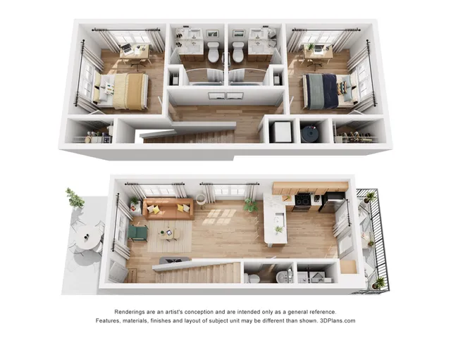 Elegant 2-level floor plan with 2 bedrooms, open-concept living area, modern kitchen, and private balcony on the top floor.